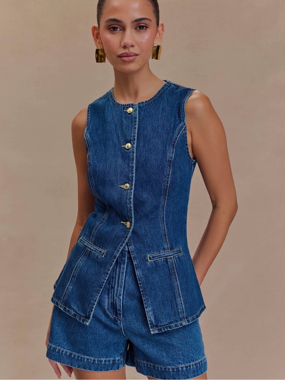 Meshki Abel Denim Button Up Top - Dark Blue